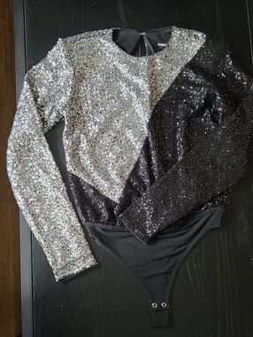 Express Two-Tone Sequin Bodysuit - Silver & Black